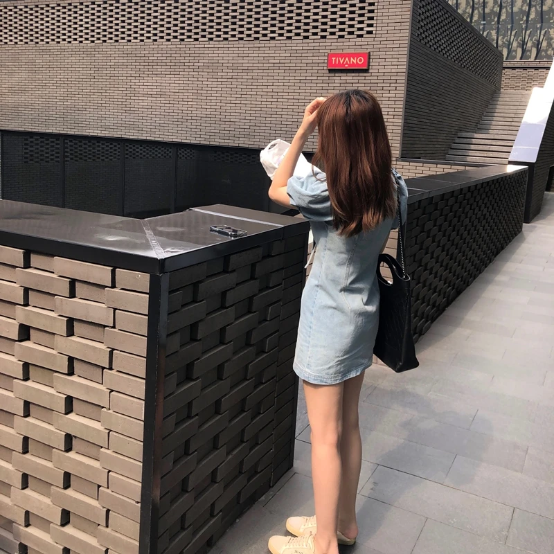 

Hollow out knot tie blue denim dress Elegant puff short sleeve bodycon jeans dress Sexy street wear women summer dress