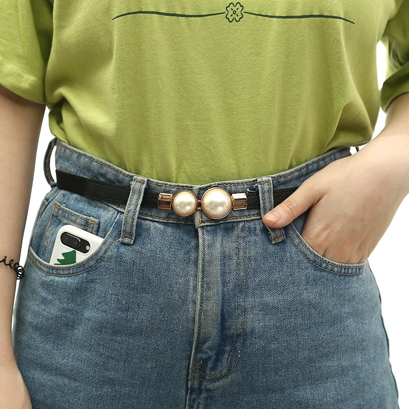 

65cm Double Pearl Belt for Women Female Fashion Thin PU Leather Dress Skirt Waist Elastic Thin Belts Ladies Waistband Black