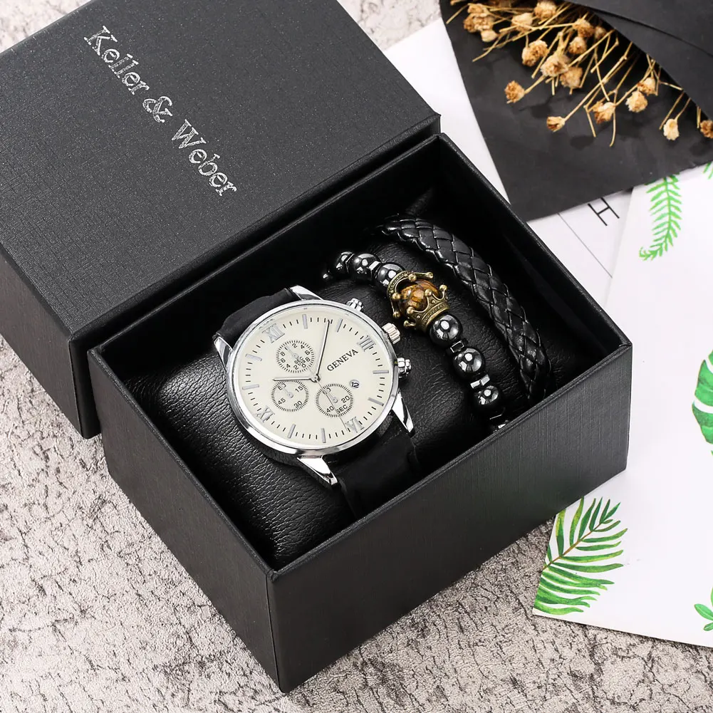 Reloj de pulsera de cuero para hombre, pulsera trenzada ajustable con números romanos, calendario, color blanco, a la moda, Kit de caja de regalo