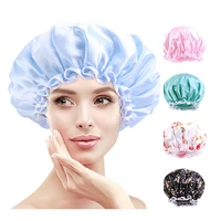 new large size satin waterproof double layer shower cap for women with elastic band bonnet crimping bath hat hair care cap