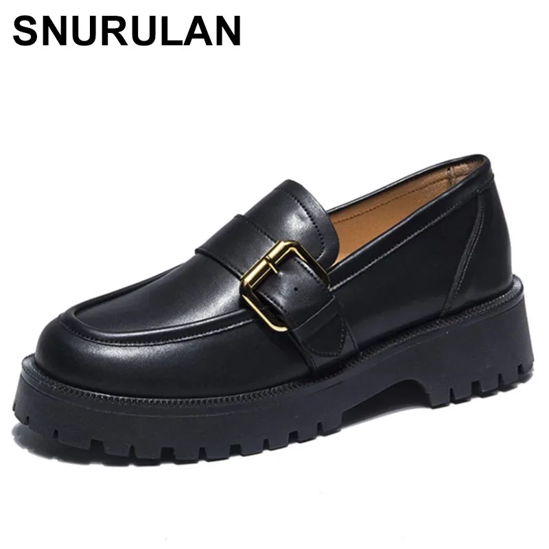 

SNURULANWomen Shoes Genuine Leather 2021 Spring New British Style Thick-soled Pedal Shoes Female College Style Casual Lazy Shoes