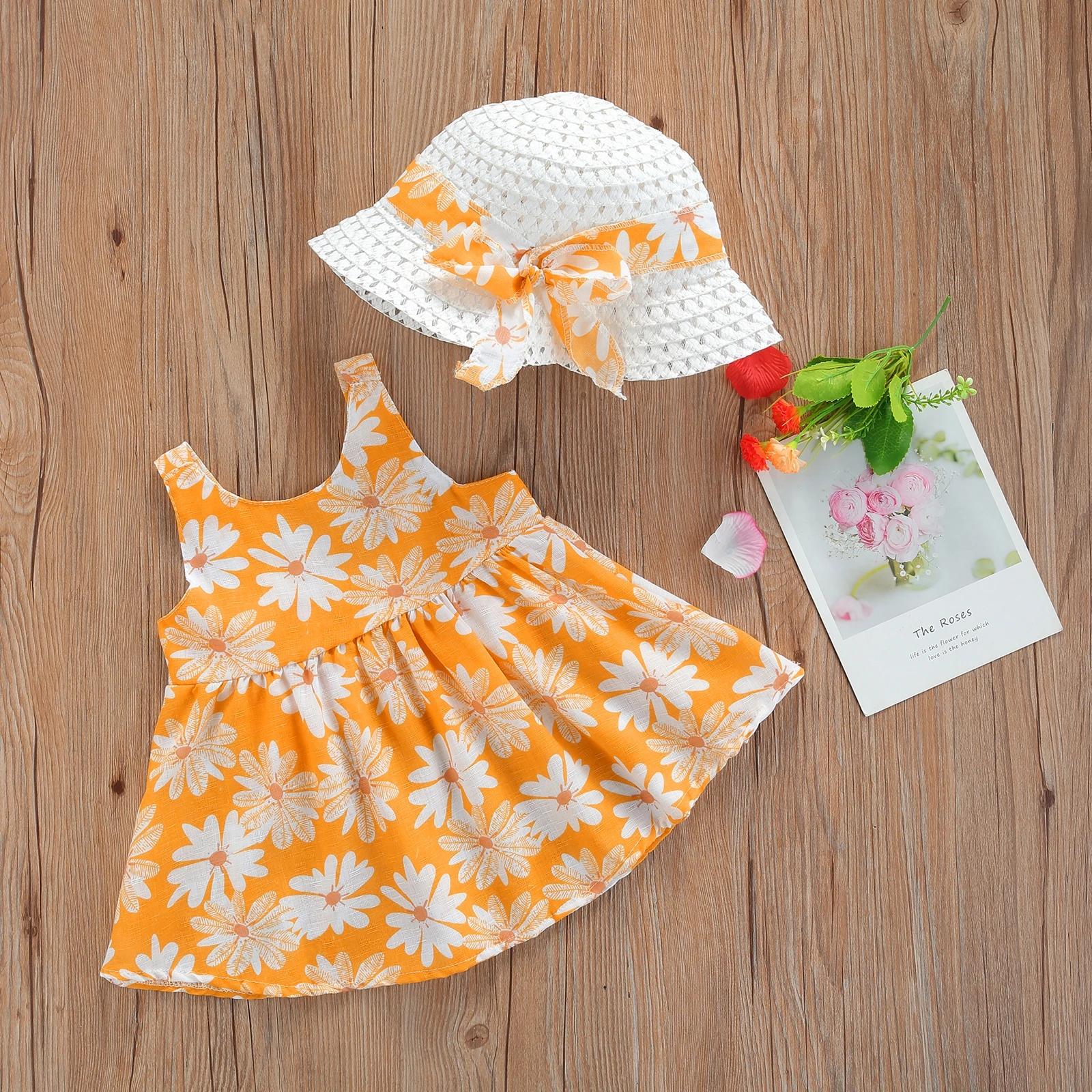 

Infant Baby Girl Clothes Summer Floral Printing Bow Decoration Sleeveless Suspender Princess Dress Straw Hat Girl Clothes 6M-3Y