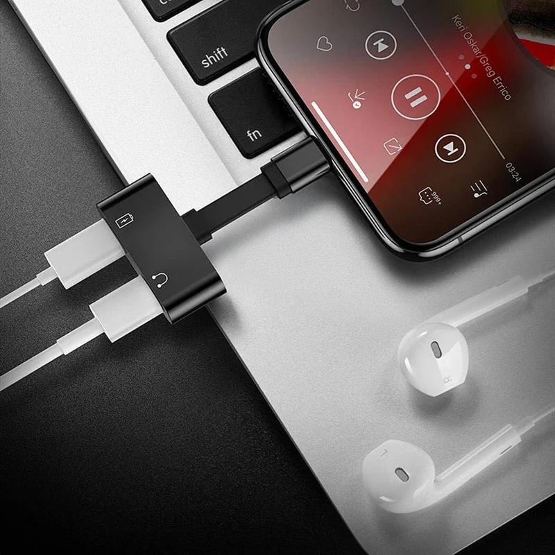 Dual Ports Adapter Splitter 2 In 1 Headphone Jack Aux Audio & Charger Cable Connector Compactible For (White) |