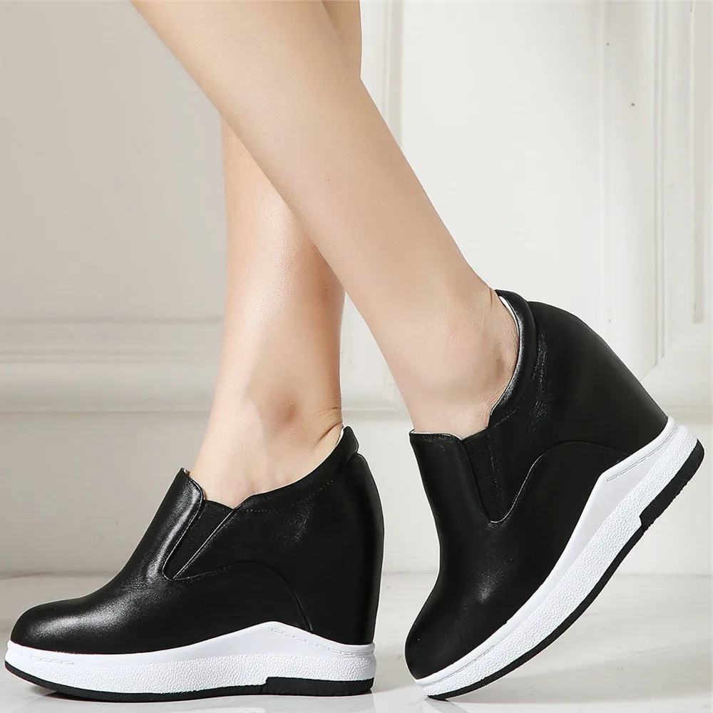 

Casual Shoes Women Slip On Genuine Leather High Heel Platform Pumps Shoes Female Round Toe Fashion Sneakers Wedges Oxfords Shoes