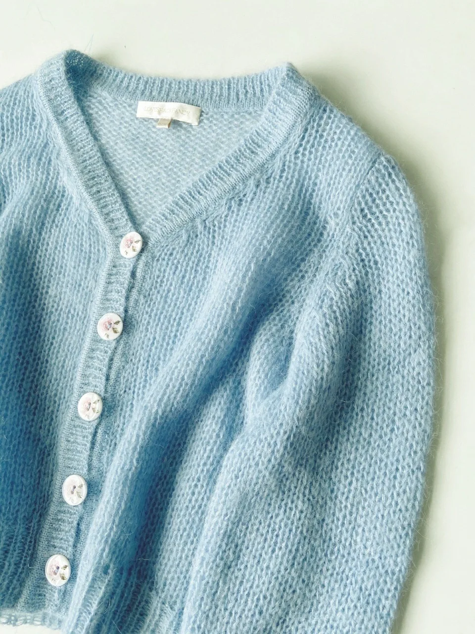 Women Sweater French Baby Blue Short Cardigan Floral Button Aqua Wool Mohair |