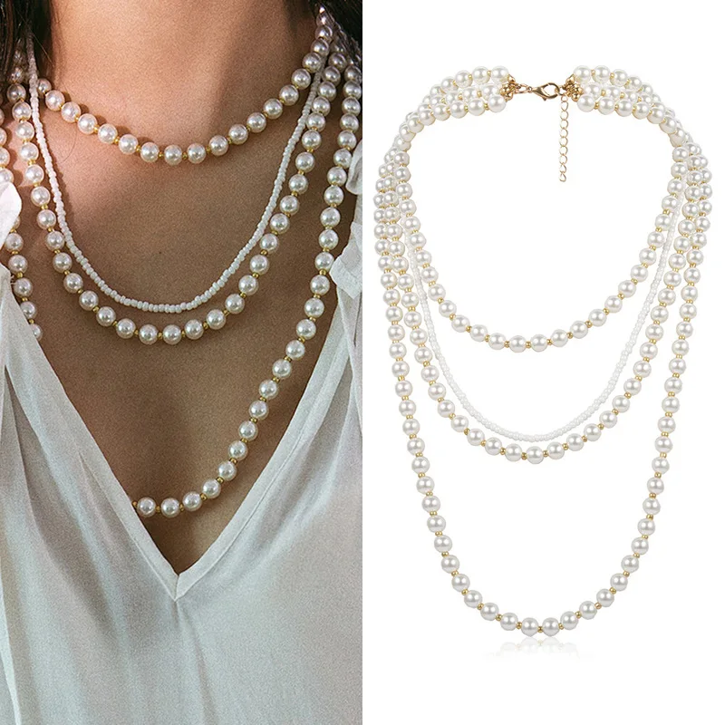 

Pearl Multi-layer Necklace, Personality Rice Bead, Beaded Simple Necklace, Exaggerated Handmade Geometric Sweater Chain