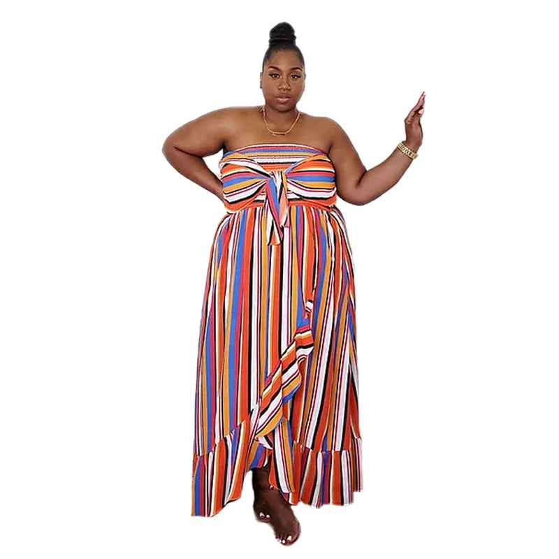 

Plus Size 5XL Summer Ruffle Sexy Striped Print Loose Women's Bohemian Dress Off Shoulder