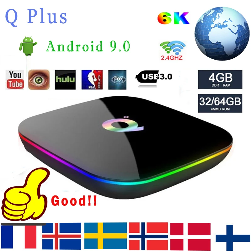 Q Plus Smart tv Box Android 9 0 4 ГБ ОЗУ 64 Гб 32 ПЗУ 6K H.265 USB3.0 wifi Поддержка Netflix Google Qplus