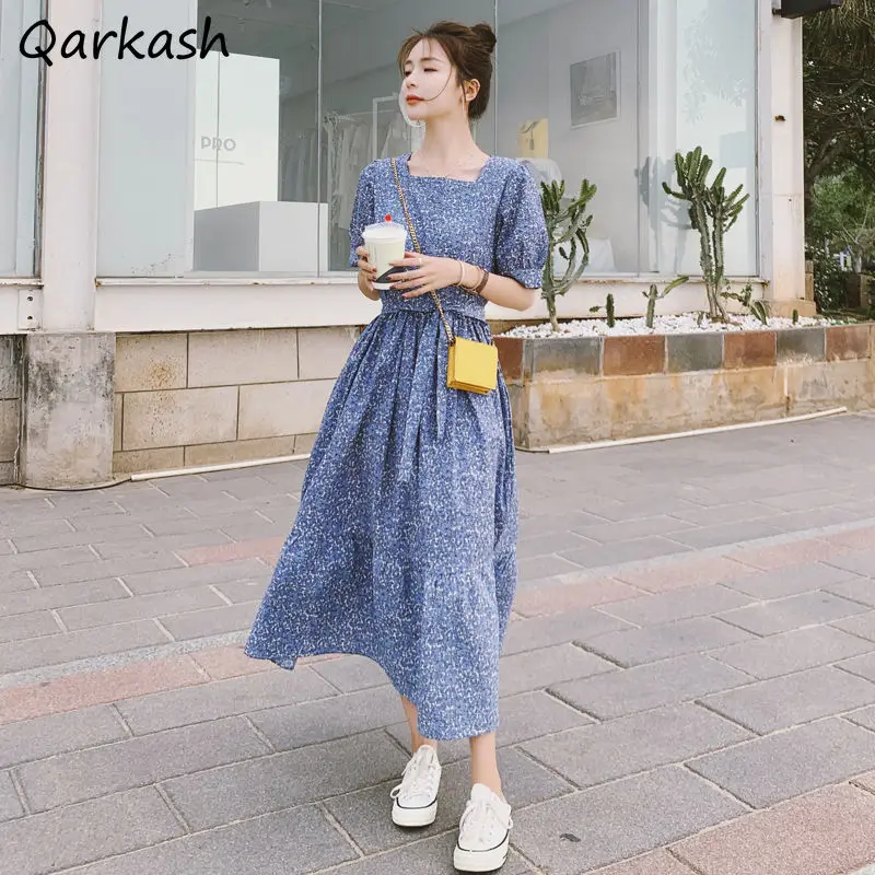 

Dresses Women Retro French Style Summer Printed Ankle-length Puff Sleeves Elegant Trendy Simple Comfortable Street Wear Mujer