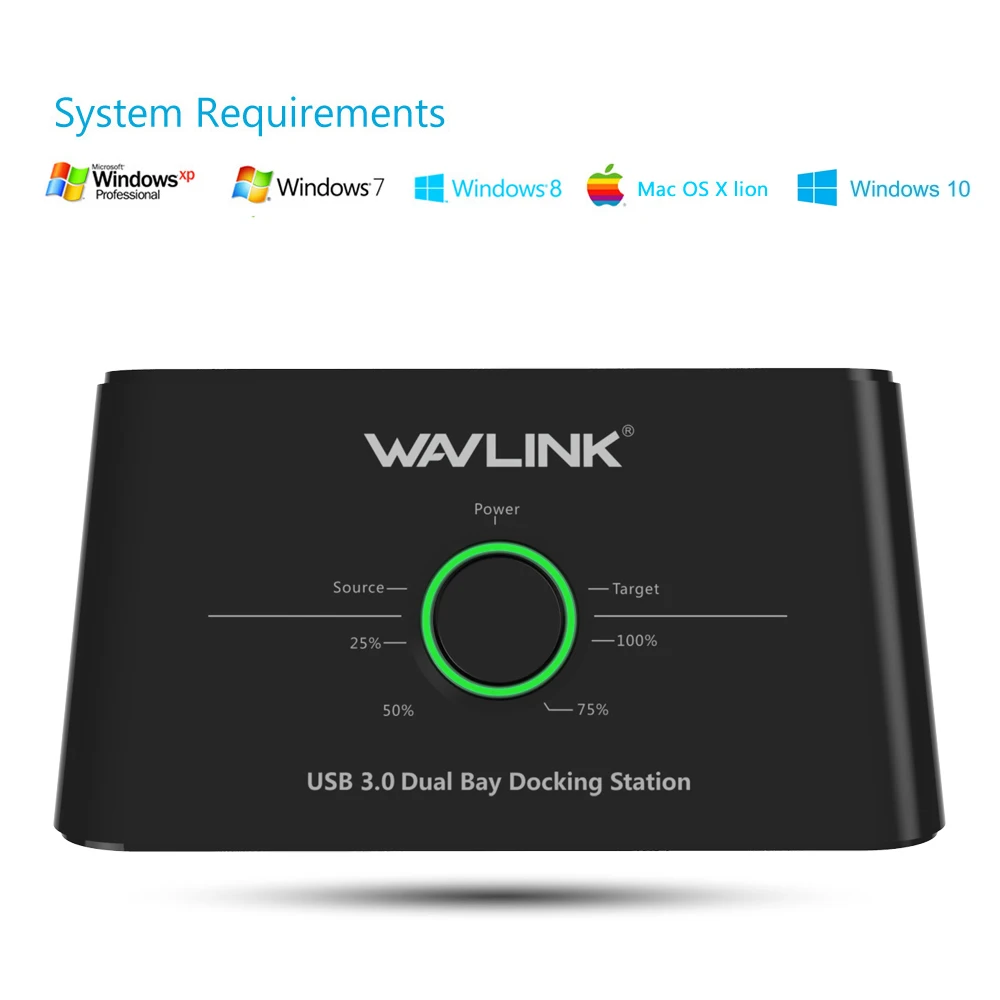 Wavlink Dual Bay SATA to USB3.0 External Hard Drive Docking Station for 2.5/3.5inch HDD/SSD Offline Clone/Backup/UASP Functions |
