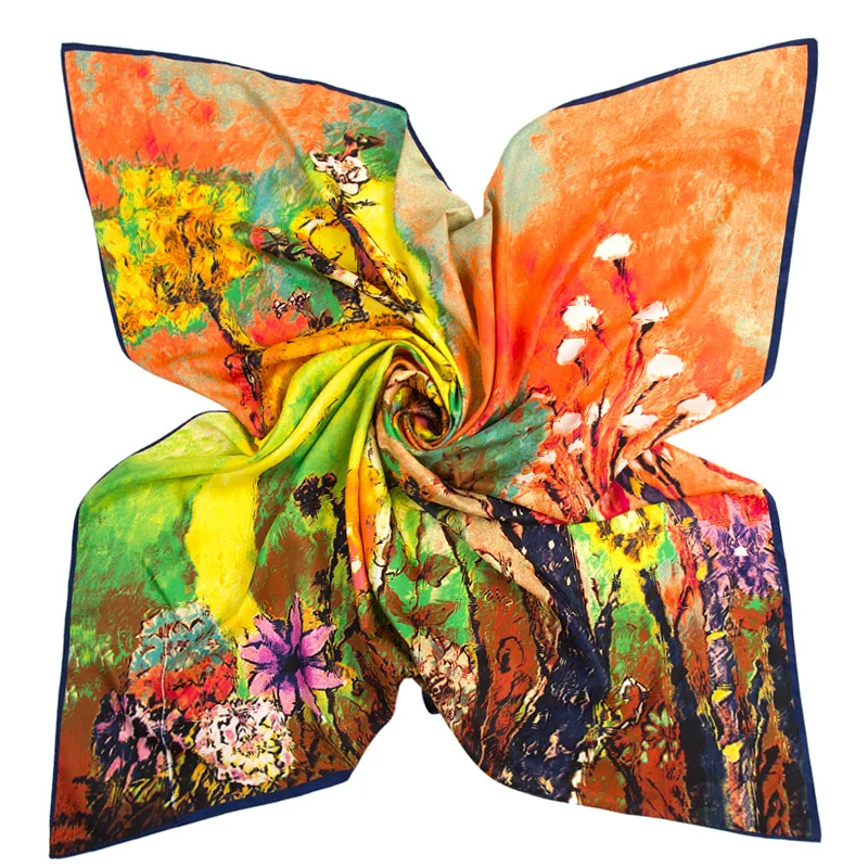 Женский квадратный шарф с принтом масляной живописи зимний брендовый шелковый