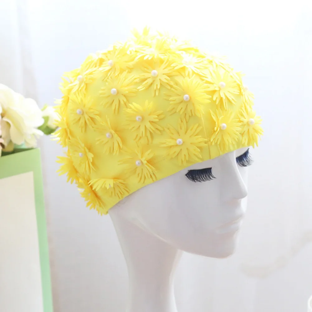 

Women Swimming Caps Ladies Double Layer Petals Flowers Long Hair Swim Cap Hand-sewn Three-dimensional Pure Color Hats