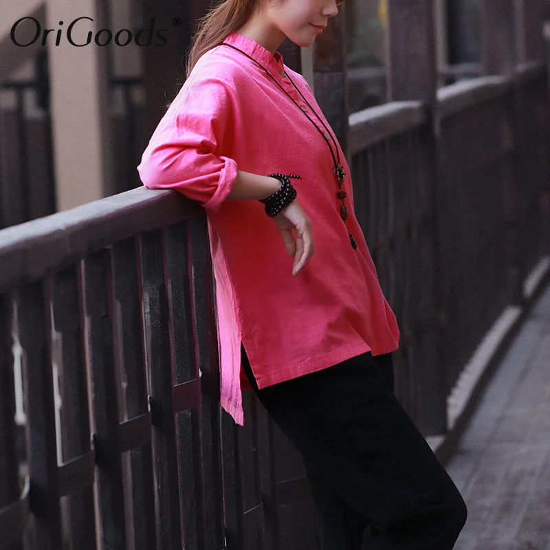OriGoods Long sleeve Blouse Women Plus size Shirt Chinese style Vintage Loose Solid Novelty Original C094 | Женская одежда