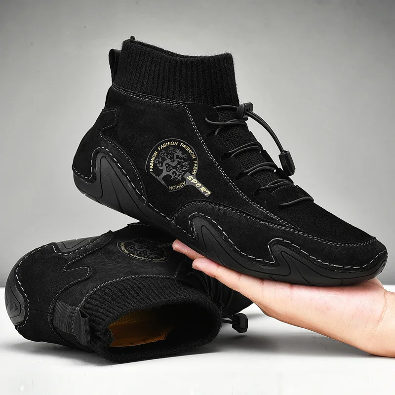 

Men's Genuine Leather High Top Loafer Shoes Winter Spring Velvet Casual Slip-on Shoes Lightweight Ankle Boots Leisure Zapatillas