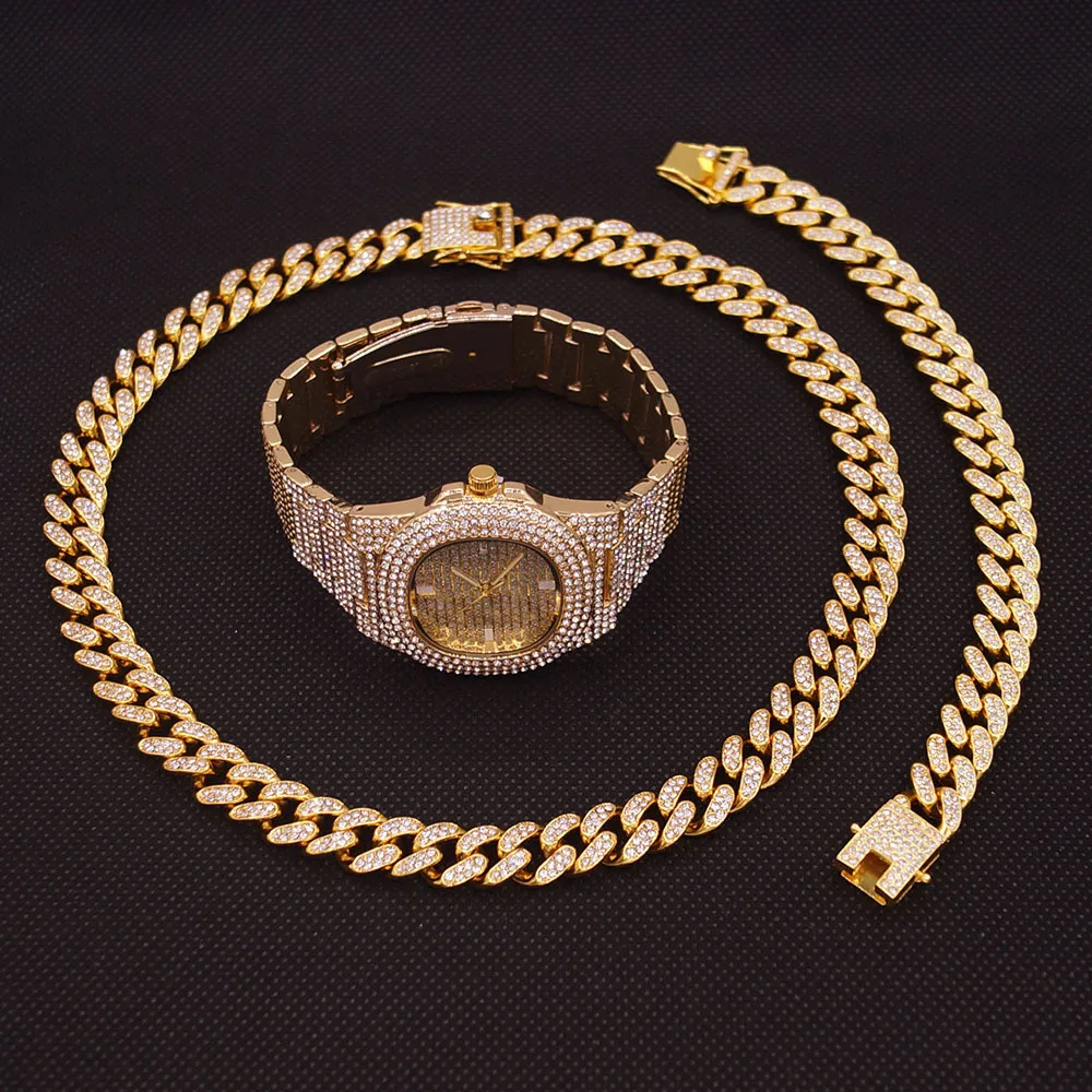 

Miami Rapper Hip Hop All Diamond Super Flash 13mm Cuban Chain Men's and Women's Necklace Bracelet High Quality Accessories