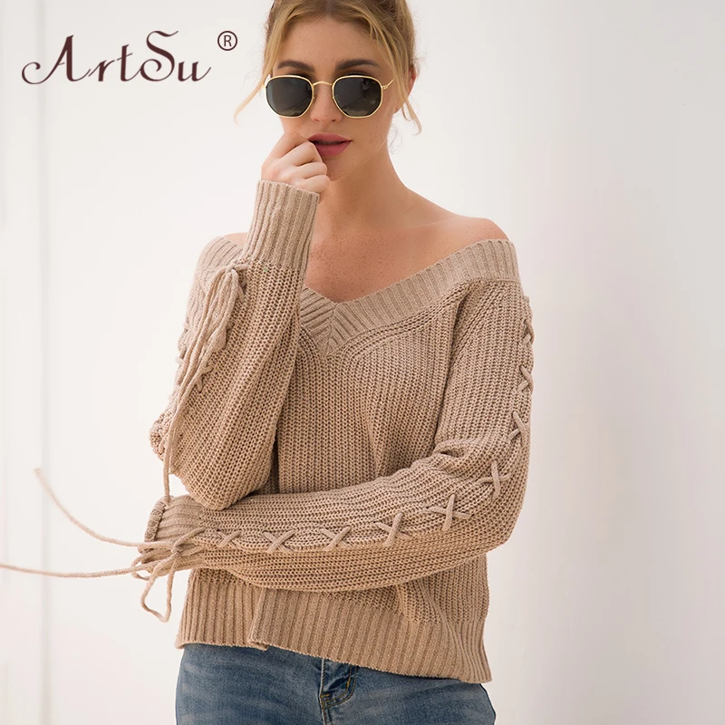 Женский вязаный свитер ArtSu желтый на шнуровке с длинным рукавом v-образным