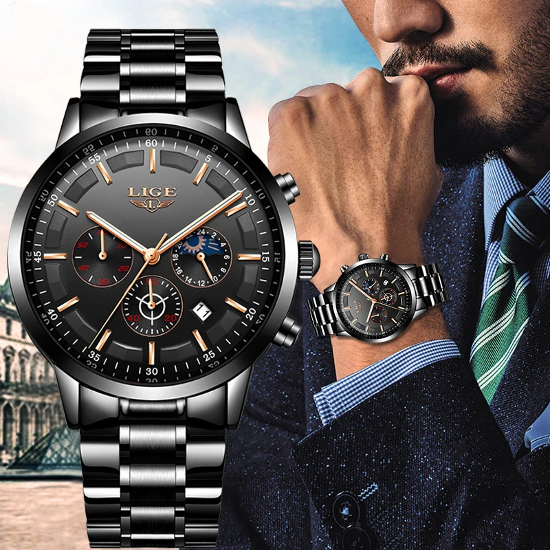Мужские часы LIGE Новый Топ бренд водонепроницаемые спортивные хронограф мужские