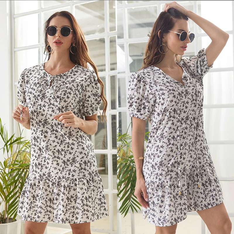 

Summer 2020 New French foral A-line Skirt Female Summer Upskirt Small Fresh Collar Retro Chiffon Mini Dress Preppy Dress