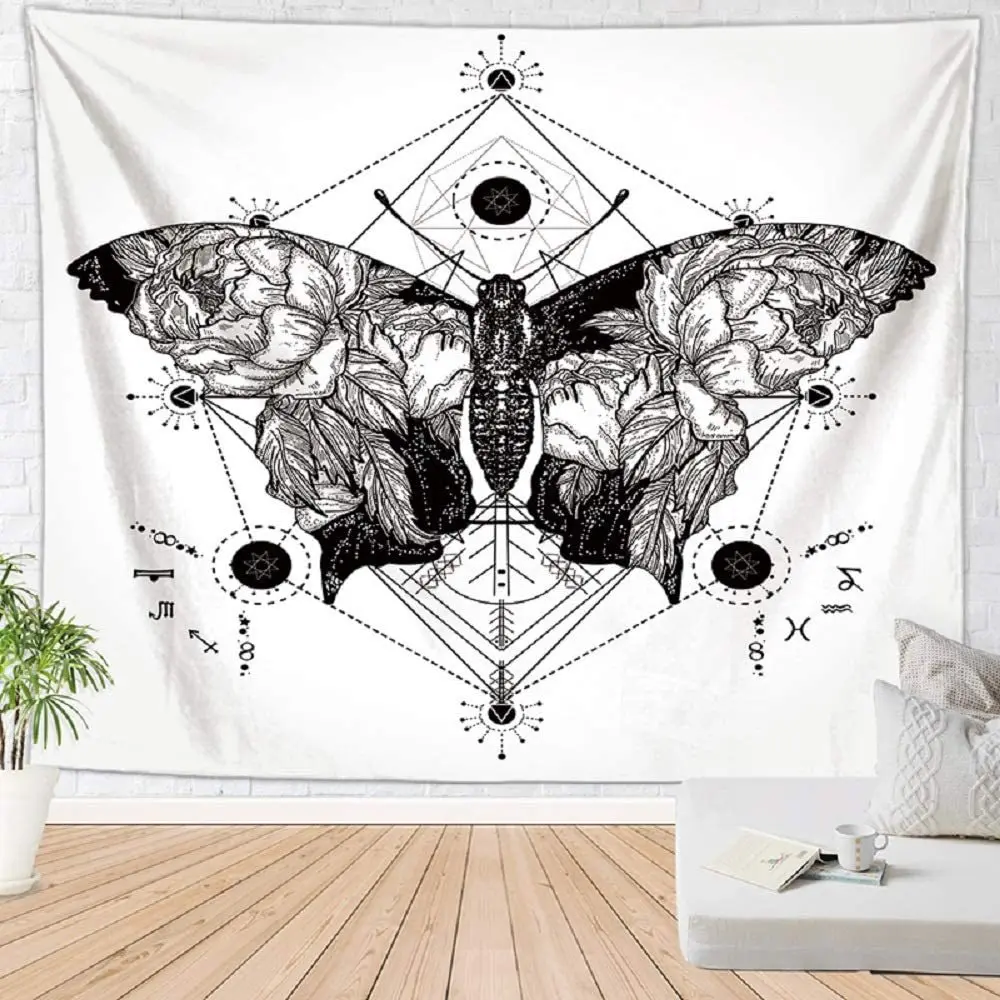 

Geometric Butterfly Black and White Tapestry Wall Hanging Simple Nature Floral Insect Psychedelic Tapestries for Home Room Decor