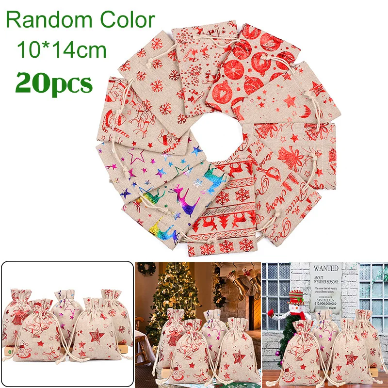 

Mixed Christmas Gift Candy Bag Cotton Linen Bag Decoration Gift Bag Star Santa Deer Snowflake Bell Drawstring Gift Bag abc4