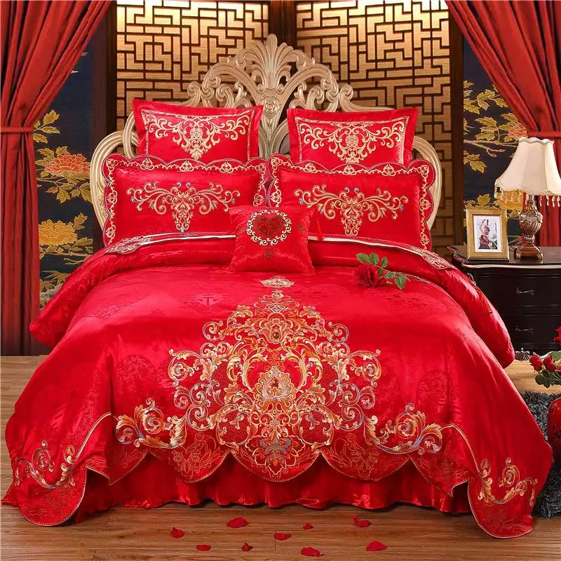

Luxury Silk Cotton Jacquard Palace Wedding Bedding set Embroidery Duvet Cover Bed Sheet Pillowcases Queen King size J-12 pcs