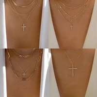 new vintage multi layer fashion crystal cross pendant geometry chain necklaces for women necklace female boho jewelry n0111