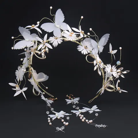 Повязка на голову NiuShuya в корейском стиле ручной работы с белыми бабочками и цветами повязка на голову для невесты женская повязка для волос свадебные аксессуары для волос