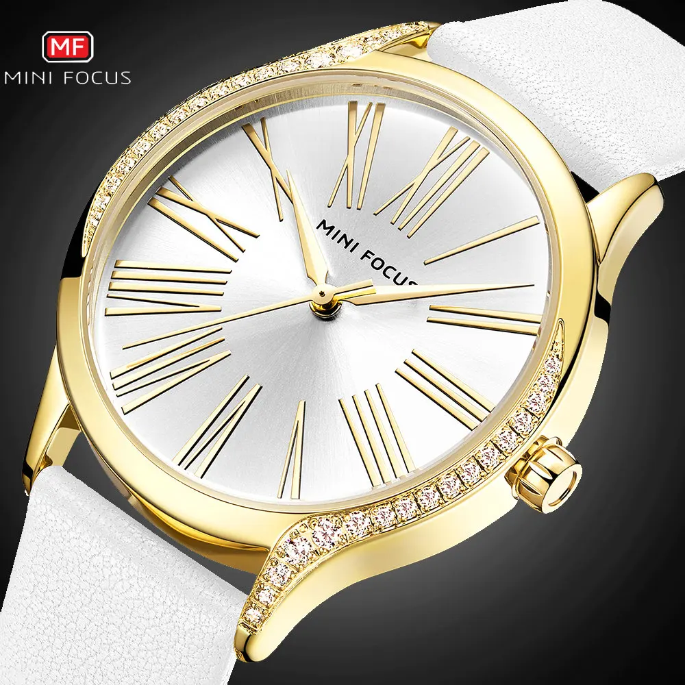 Модное платье женские часы люксовый бренд MINIFOCUS со стразами льдом белый кожаный