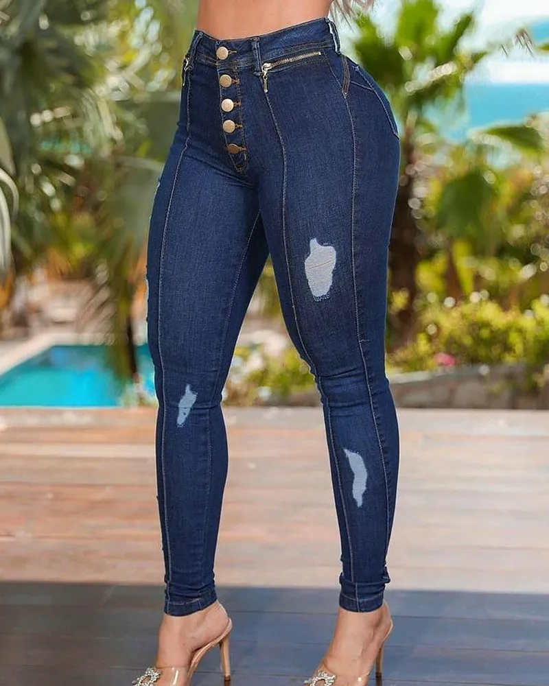 

Женские демисезонные новые джинсы, модные облегающие однобортные рваные узкие джинсы на молнии с украшением, 2021 джинсовые брюки для женщин
