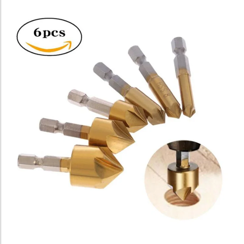 

6pcs/set Flute Chamfer Countersink Round 1/4" Hex Shank HSS 90 Degree Wood Chamfering Cutter 6mm-19mm Countersink Drill Bit