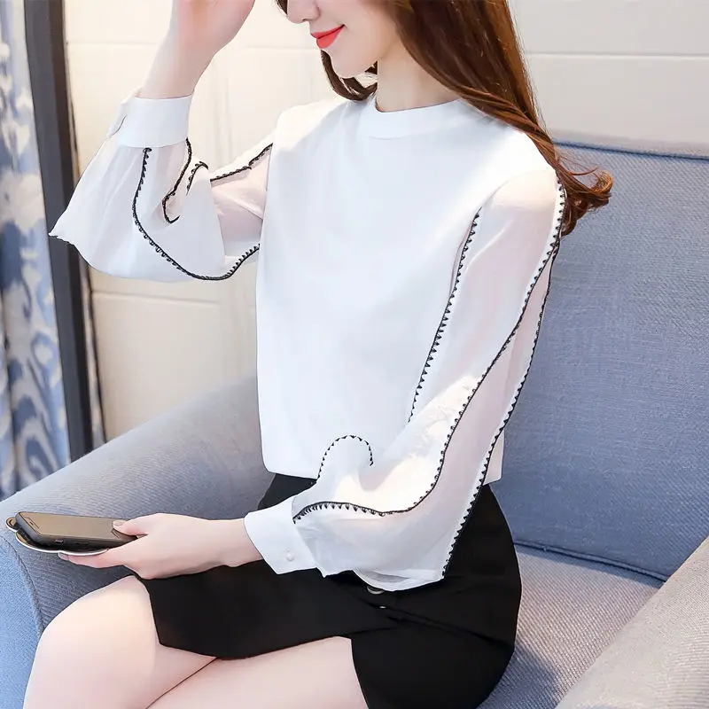 

Women's Spring Autumn Style Chiffon Blouse Shirt Women's Solid Color Lantern Sleeve O-Neck Korean Elegant Tops SP1072