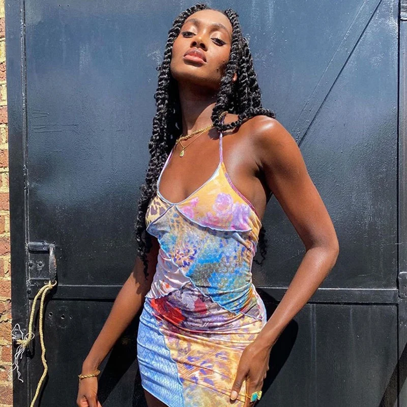 

Женское кружевное платье с цветочной вышивкой, короткая юбка с лямкой на шее, повседневное праздничное платье с цветочным принтом