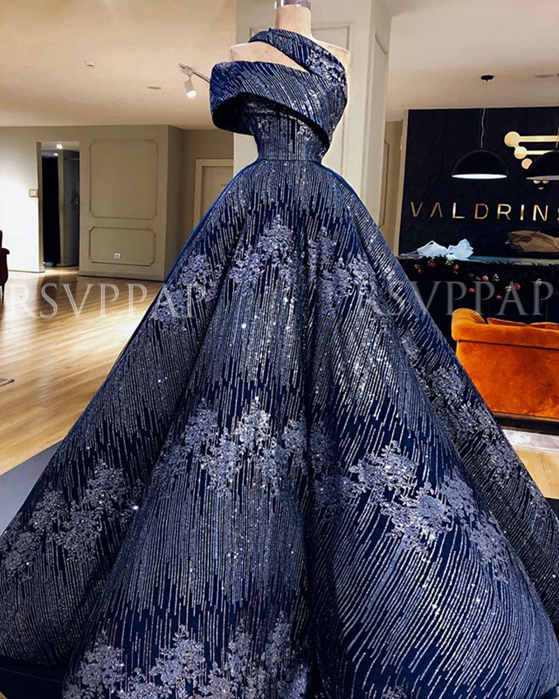 Длинное блестящее вечернее платье 2021 с одним плечом пышные арабские темно синие