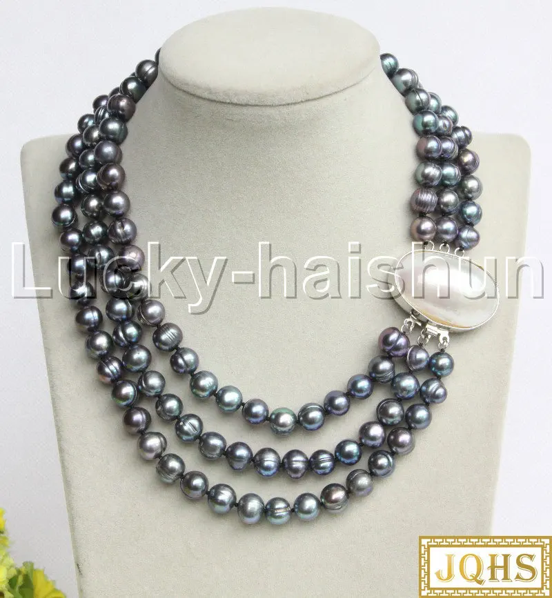 

JQHS Natural 17" 3Strand 9mm Round Peacock Black Pearls Beaded Knotted Necklace Blister Clasp J12193