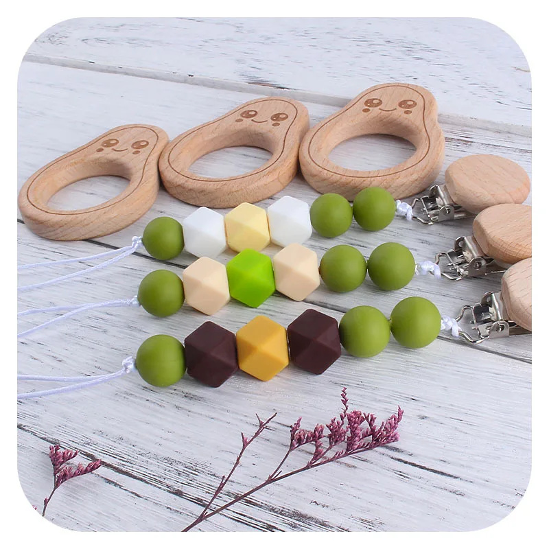 Coskiss-mordedor de madera para beb&eacute;, Clip de madera para chupete, juguetes de dentici&oacute;n para beb&eacute;, dibujos animados de aguacate, cadena de chupete, regalos para beb&eacute;-2