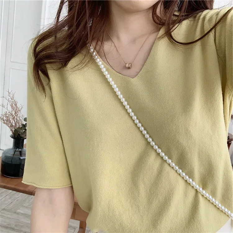 Korean knit solid color short-sleeve ice silk T-shirt Women Tops 2020 Summer T Shirt for Black White Shirts tops | Женская одежда