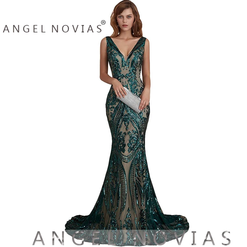 Длинное Зеленое кружевное платье с v-образным вырезом русалки для выпускного