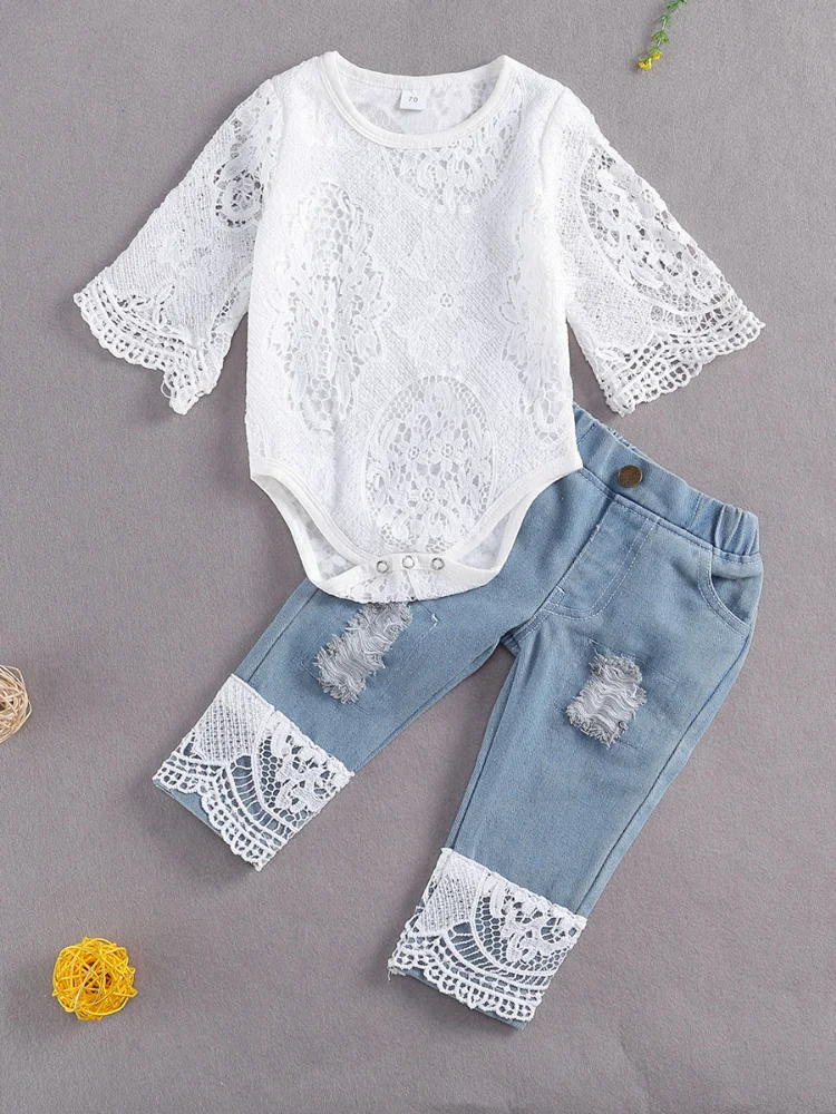 

Baby Girls Long Sleeve Lace Romper Suit Triangle White Neck Lace Top Long Jeans Denim Pants 2Pcs Set