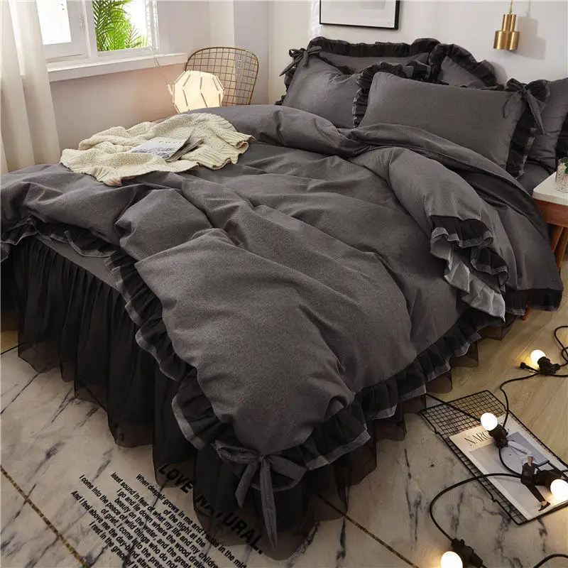 

4pcs Solid Color Bedding Set Lace Bed Sheet Ruffle Flat Sheet Princess Bed Skirt Bed Spread Soft Bed Cover Cotton Quilt Cover