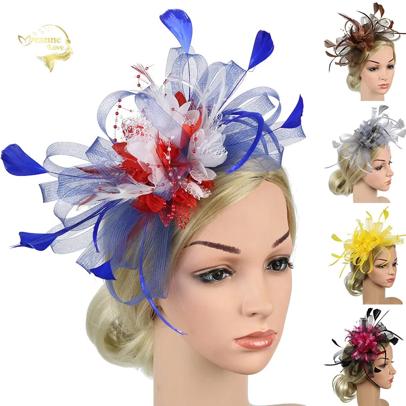 Девушка сетки и перо шляпа белый красный черный розовый Леди Свадьба повязка с