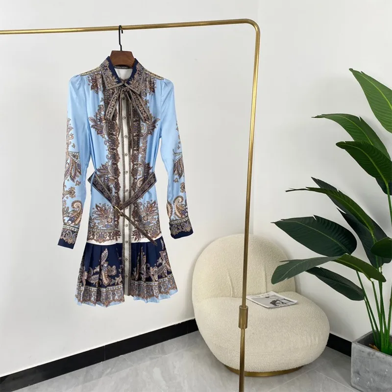 

2021 новые тренды этого лета для женщин Модный трапециевидный ботанический культур принт с длинным рукавом с воротником-стойкой и галстуком-...