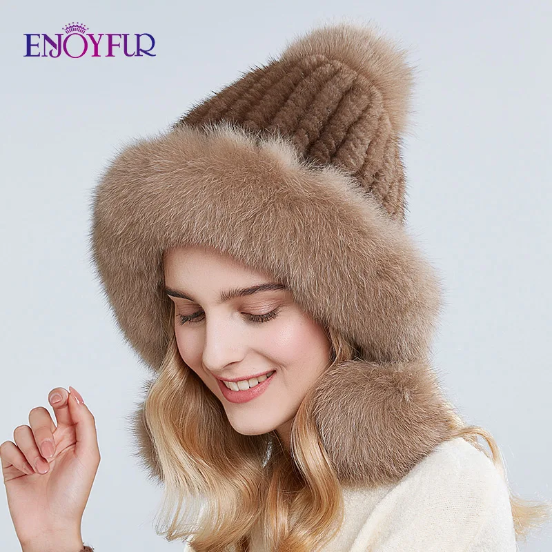 Зимняя шапка ENJOYFUR из настоящего меха норки для женщин с помпоном из лисы, защитой ушей, теплой подкладкой, вязаной бини, модная русская шапка.