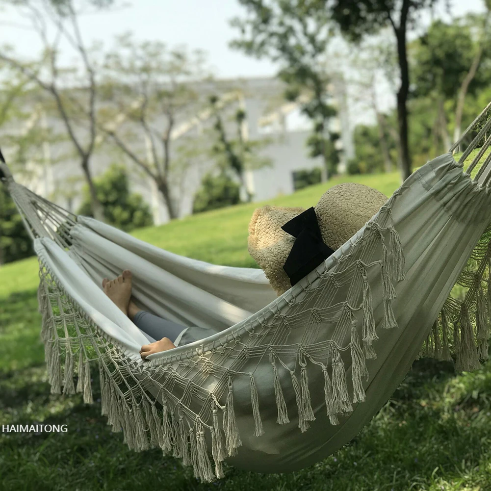 

Camping Pure Double Hammocks Canvas Tassel Sleeping Outdoor Backyard Swing Beds for Home Garden Laying Accessories