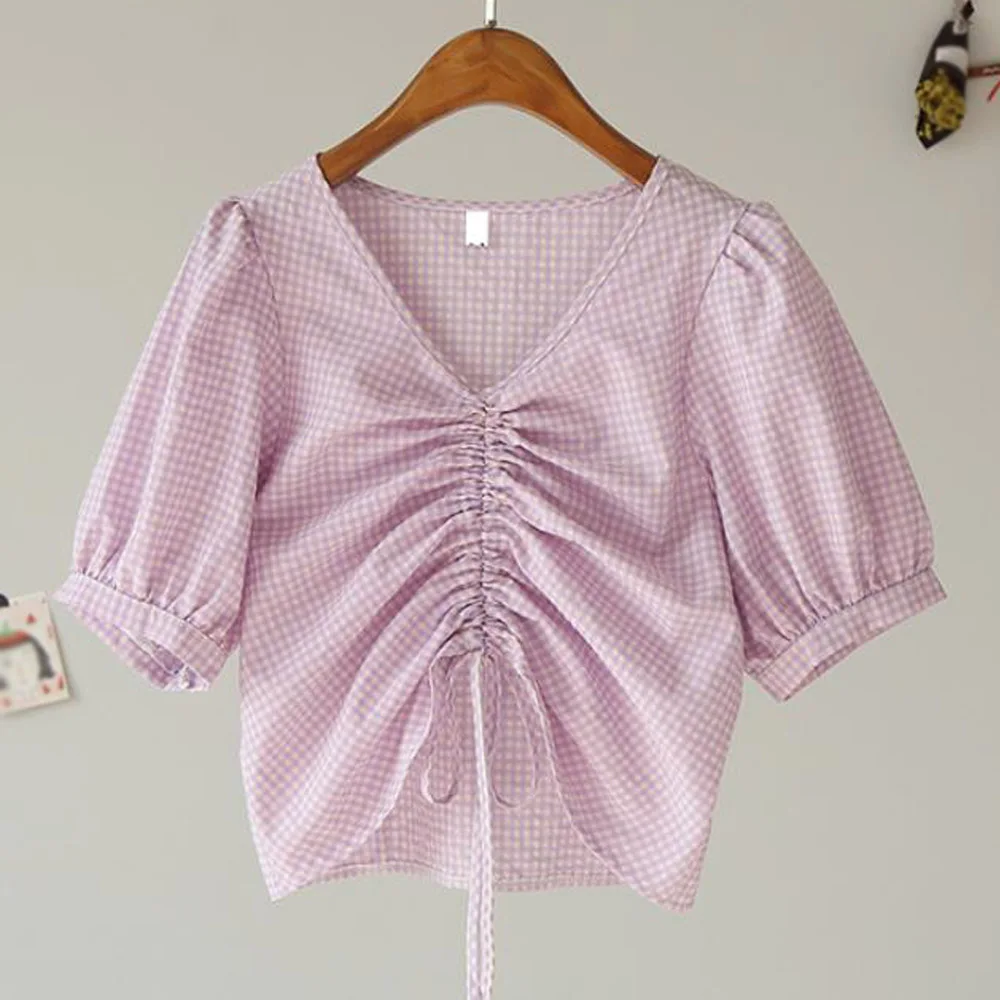 2020 Women Puff Sleeve Drawstring Small Plaid V-Neck Shirt Korean Chic Ladies Smock Ruched Short Blouses Femininas Tops |