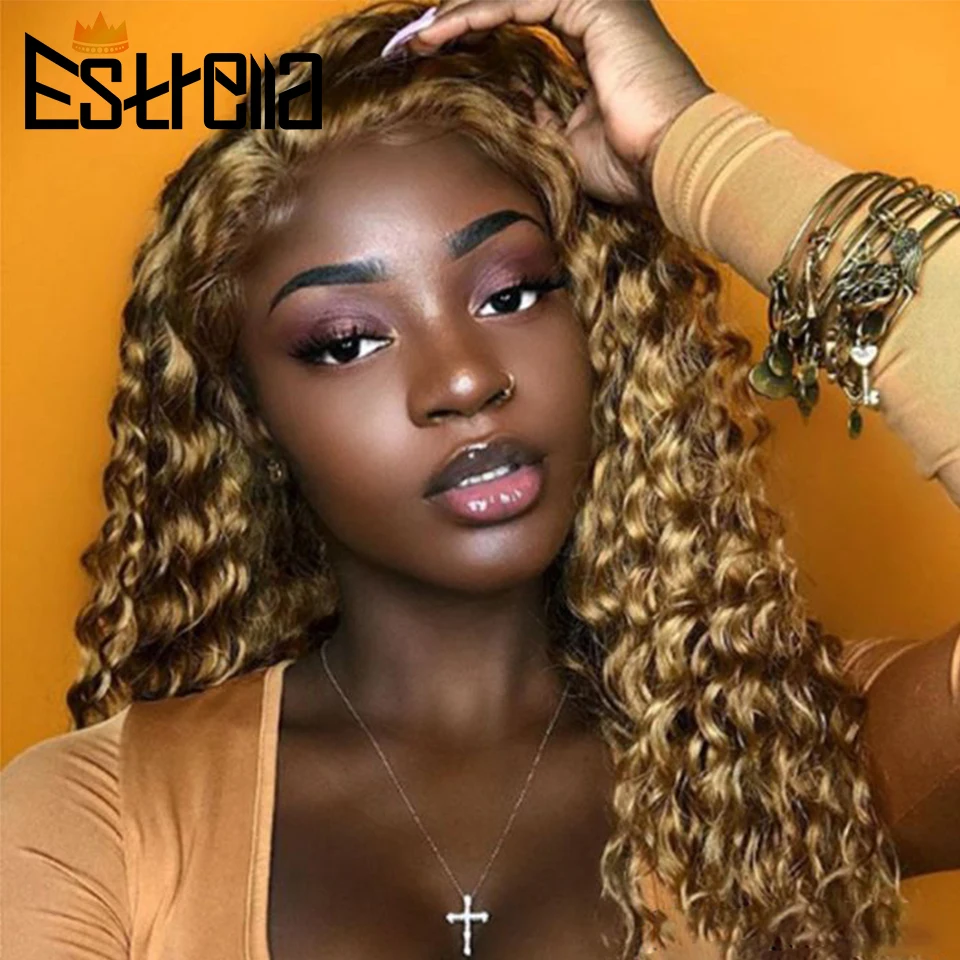 

Water Wave Human Hair Wigs For Women Human Hair Blonde Wig Brazilian Remy 44 Lace Closure Wig Pre Plucked 27# Color wig 150%