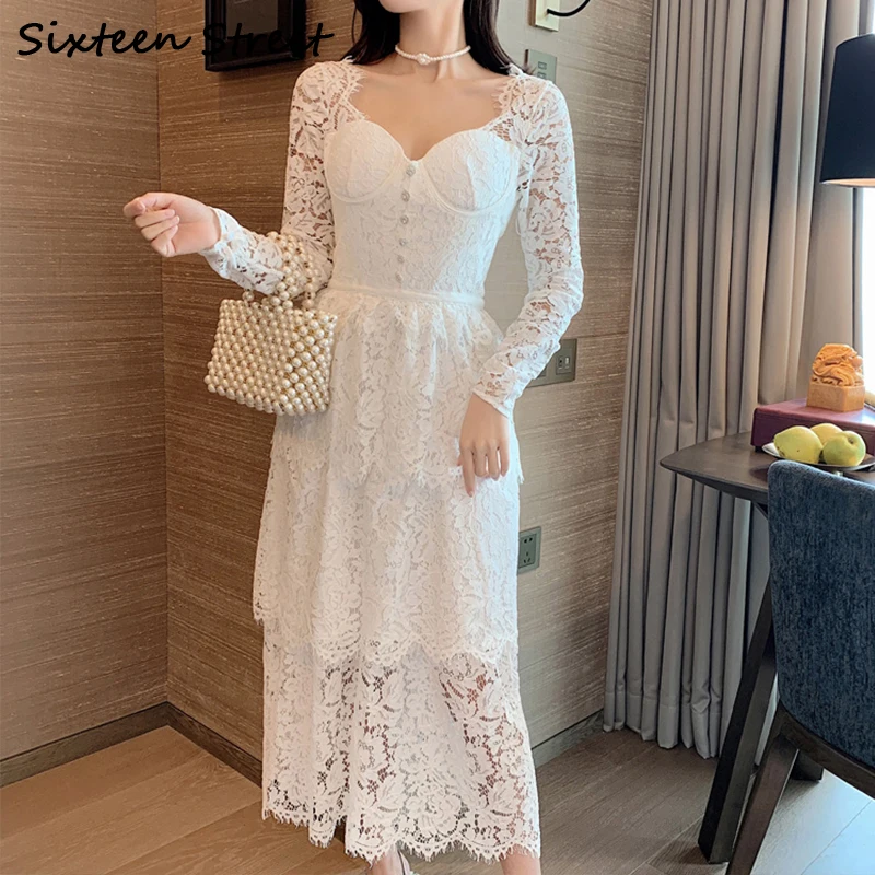Женское кружевное платье с квадратным вырезом белое повседневное подиумное