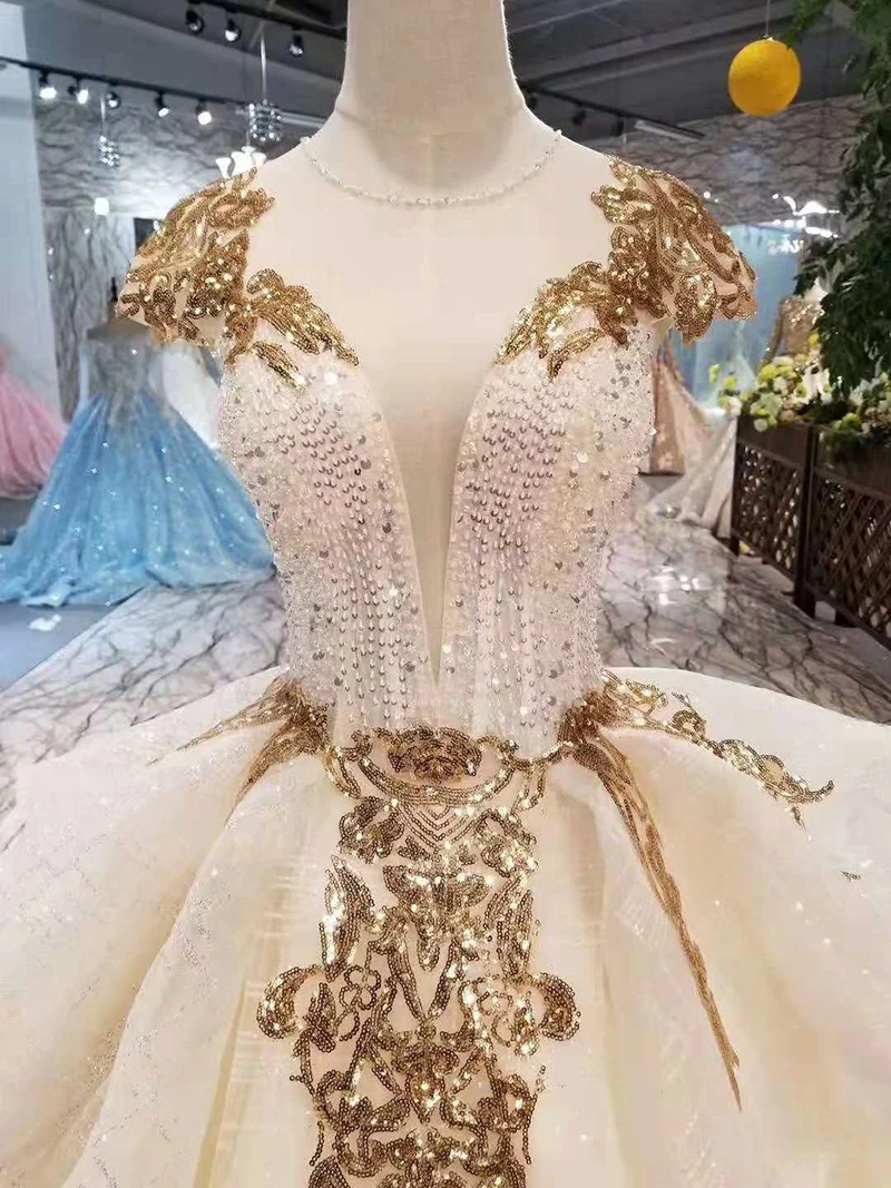

BGW 22916ht Vestidos De Fiesta De Noche Elegant Evening Dresses Golden Sequins Cap Sleeves Lace Up Back Evening Gown Long Train