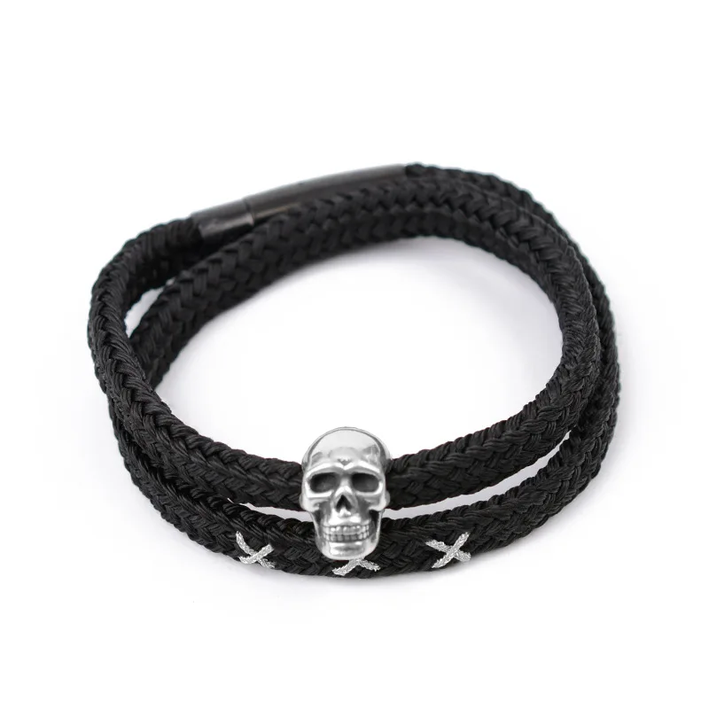 

S999 Sterling Silver Charm Bracelets 2021 Domineering Weaven Rope Skull Punk Jewelry Pure Argentum Hand Chain for Women Men
