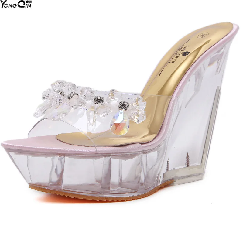 

Summer New Wedge Sandals Women High-heeled Crystal Shoes Wild Beaded Fish Mouth Women Sandals