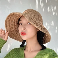 simple women summer outdoor beach travel sunscreen straw hat for women with bowknot wide brim soft folded delicacy straw hat